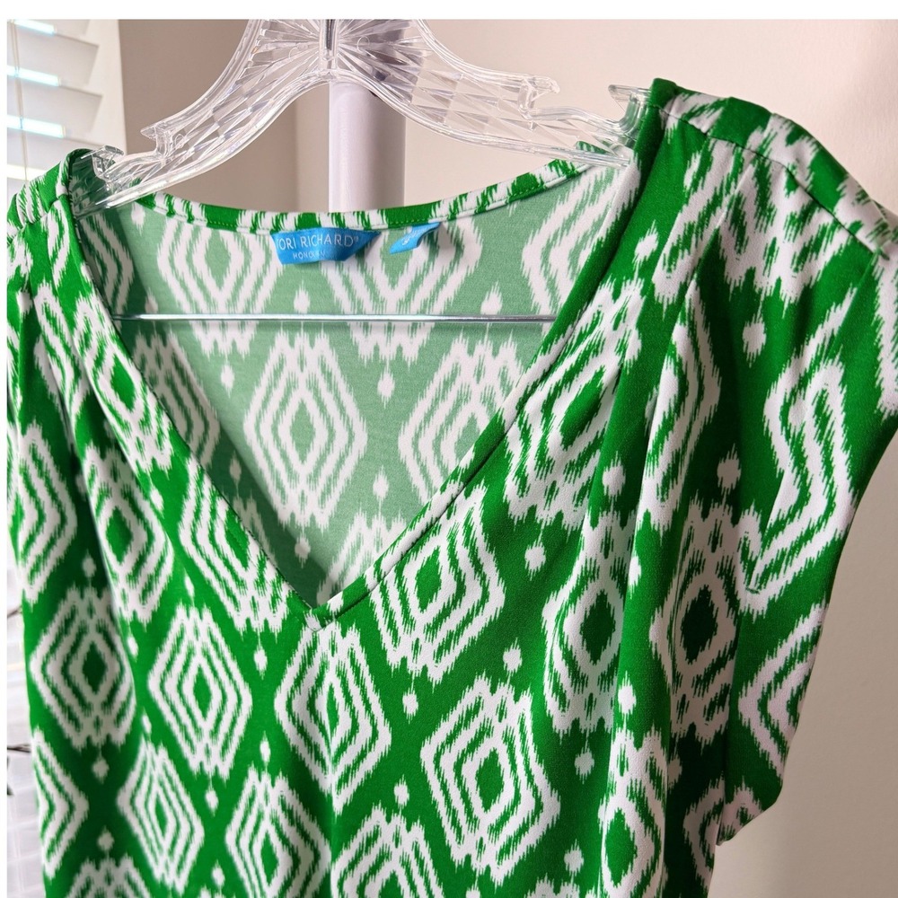 Tori Richard Honolulu Green Ikat Diamond Dress V-Neck Drawstring Waist Small - Picture 3 of 6